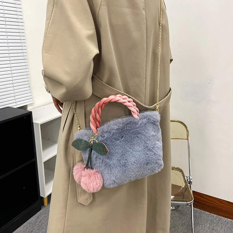 Cherry Fluffy Bags For Women 2022 Chains Plush Tote Bag Black Soft Furry Bags Luxury Designer Handbag  Solid Fur Shoulder Bags