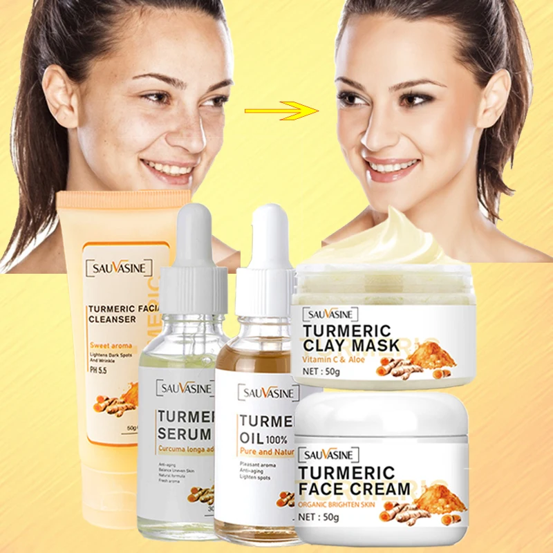 

5PCS Turmeric Skin Care Products Acne Dark Spot Remover Whitening Brighten Facial Serum Face Cream Cleanser Serum Oil Cosmetics