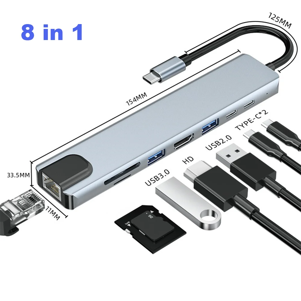 

USB-адаптер 8 в 1 для ноутбука, с кардридером для TF/SD-карт