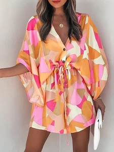 Summer Fashion Colorblock Flared Dresses Vacation Wear V-Neck Allover Print Button Front Drawstring Casual Loose Dress