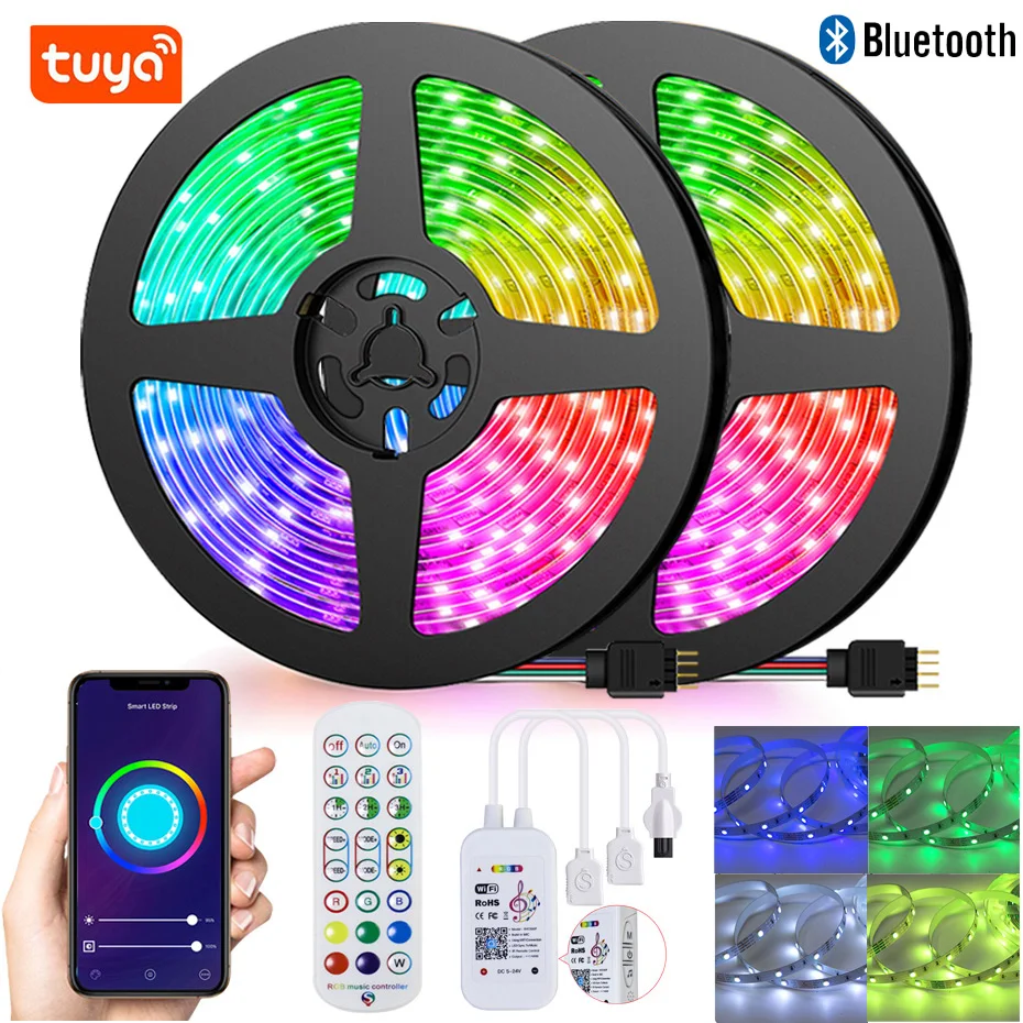 Умная светодиодная ленсветильник Tuya с Wi-Fi, 12 В постоянного тока, 5050 дюйма, Bluetooth, RGB-лента с регулируемой яркостью, 5 м, 10 м, 30 м, музыкальное Голосовое управление, украшение для дома и телевизора