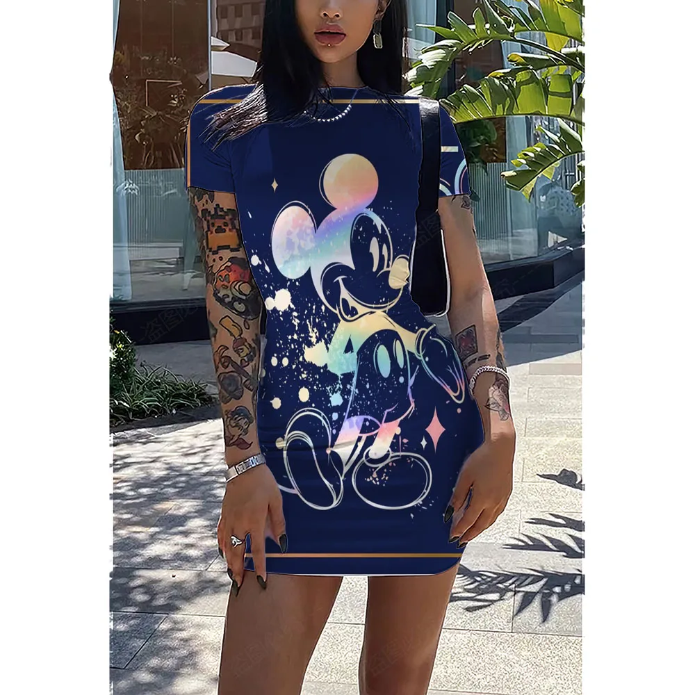 

2022Disney Fashion Minnie Cartoon Print Sexy Skinny Dress Summer Fashion Bag Hip Beach Party Dress