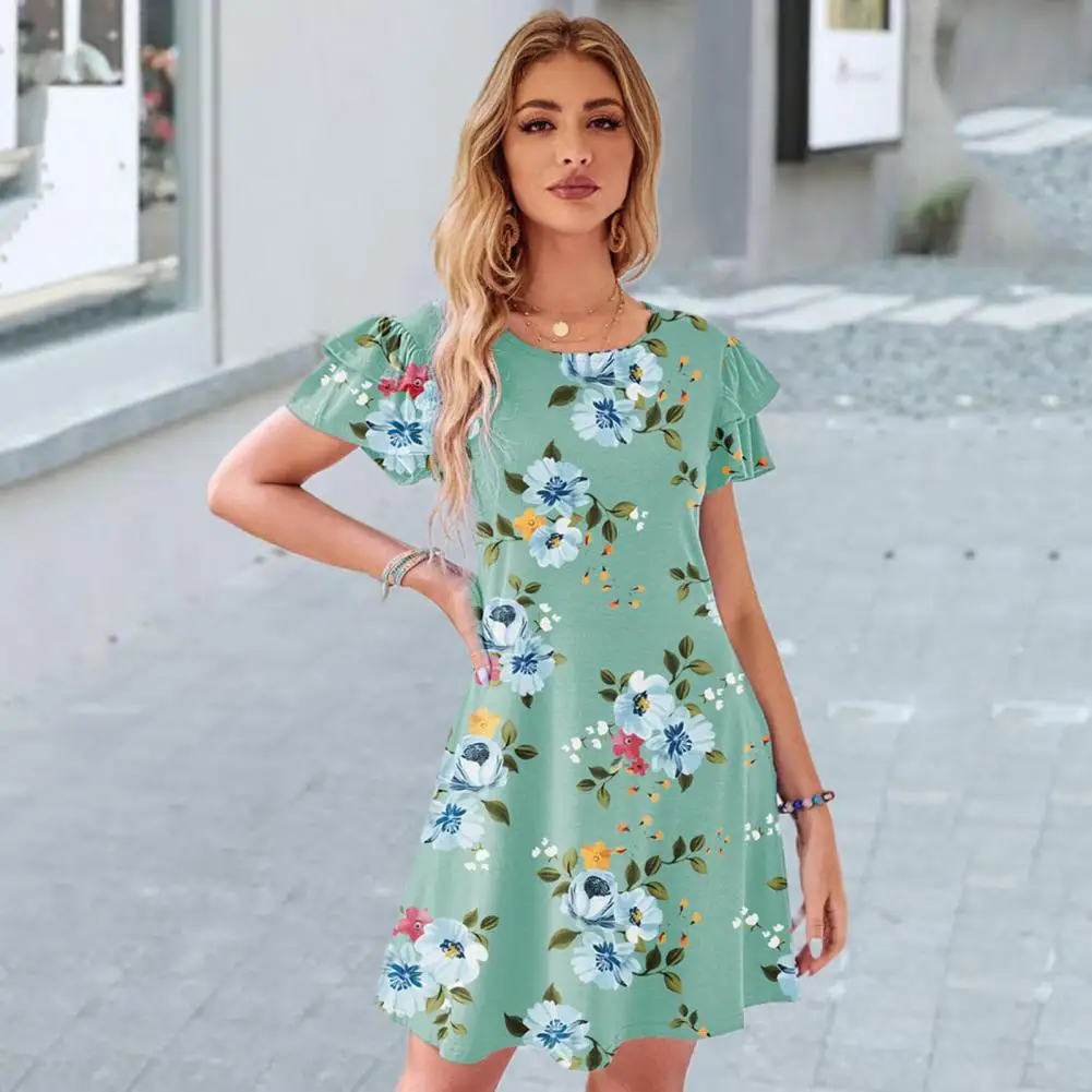 

Summer Dress Pocket Party Dress Sweet Floral Pattern Party Mini Dress