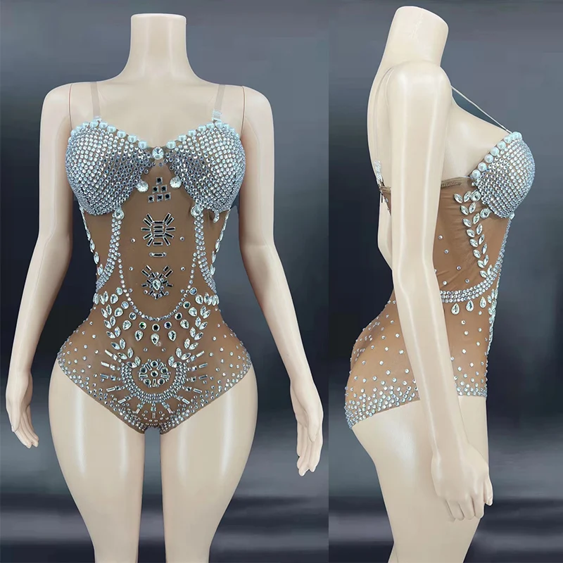 

Женский прозрачный костюм Стразы, сексуальный костюм для танца на шесте, одежда для фестиваля Rave, одежда для певицы, Одежда для танцев и представлений VDB5587