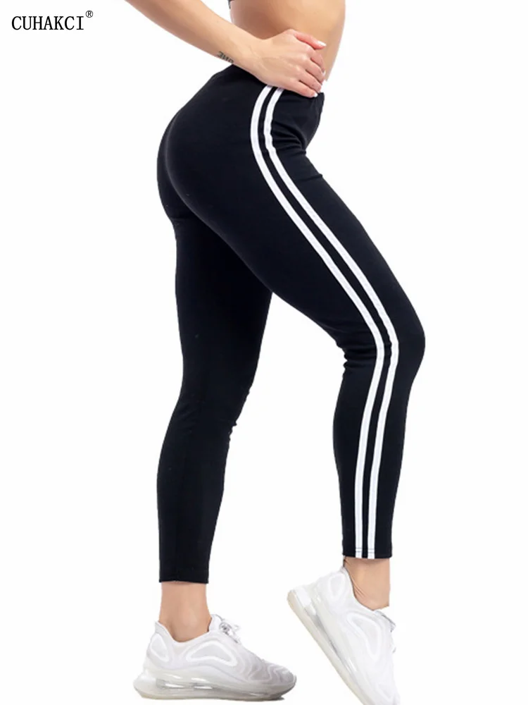 Штаны CUHAKCI для фитнеса и йоги женские черные белые полосатые леггинсы с принтом