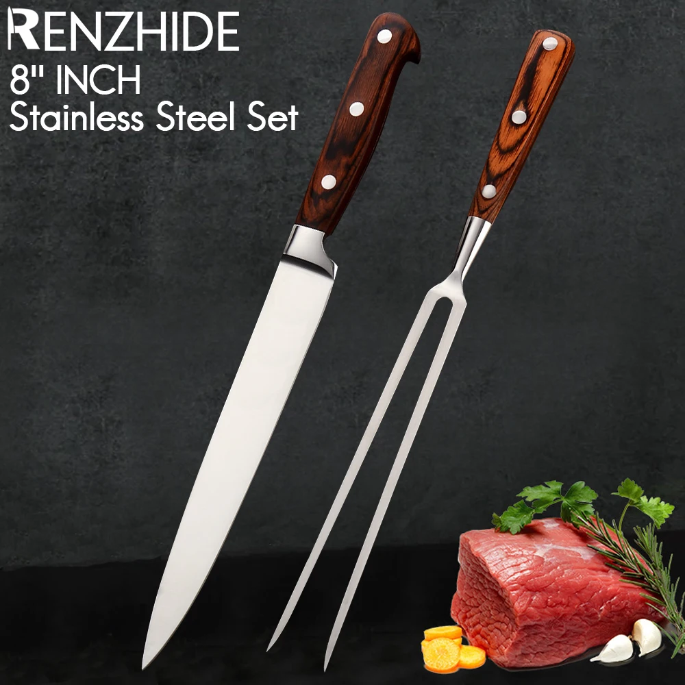 

RZD Stainless Steel Barbecue Fork Knife Set 8'' INCH Full Tang Blade Teppanyaki Japanese Style Slicing Meat Beef Tool Gift Box