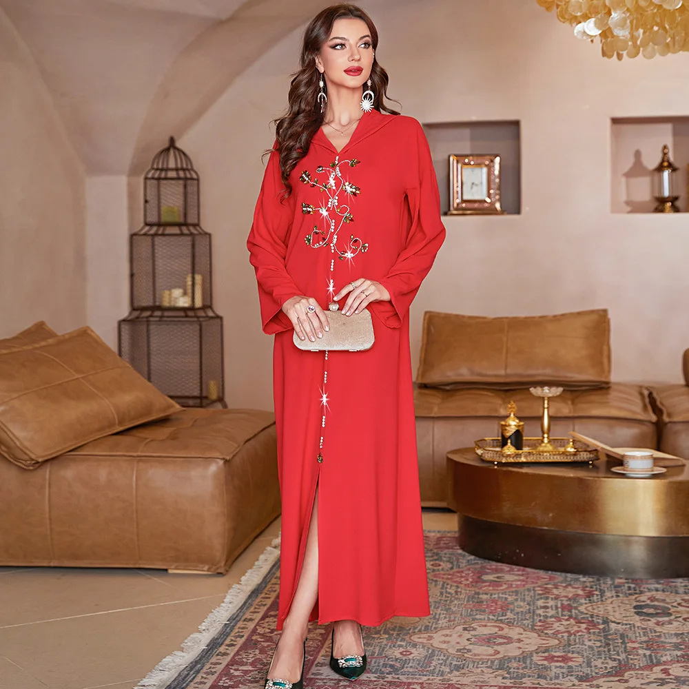 

Israel Morocco Diamond Slit Hooded Dress Saudi Arabia Muslim Women Long Dress Islamic Ramadan Noble Fashion Luxury Party Dress