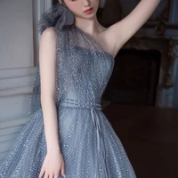 blue gray bling exquisite evening dresses a line glitter sequined one shoulder bow tulle plaid beading backless party prom gowns