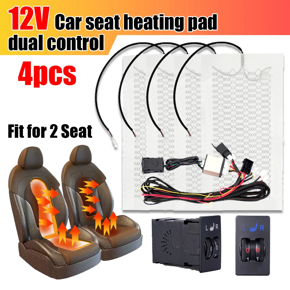 

2 Seats 4 Pads Car Universal Carbon Fiber Heated Seat Heater 12V Pads 2 Dial 5 Level Switch Winter Warmer Seat Covers 2/5 level
