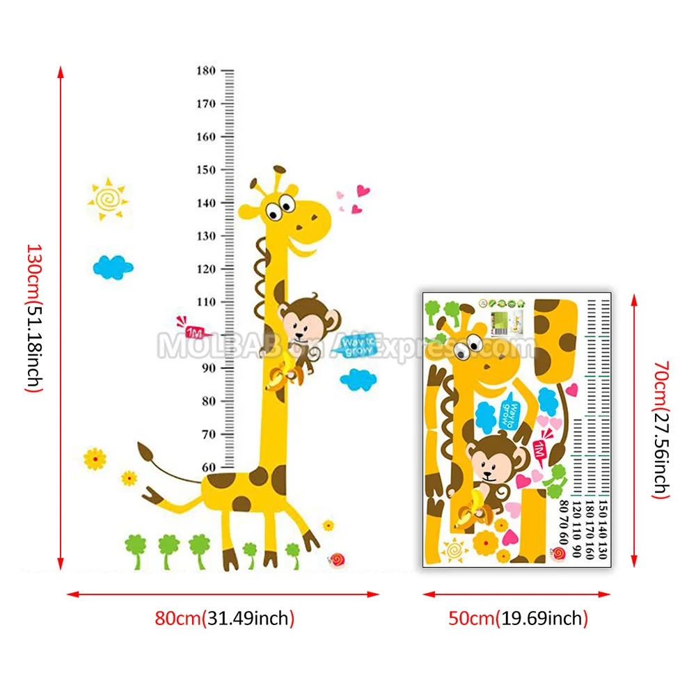Съемная Настенная Наклейка с измерителем роста жирафа, Мультяшные наклейки с обезьянами, запись роста детей, Метрическая шкала, график, декор детской комнаты