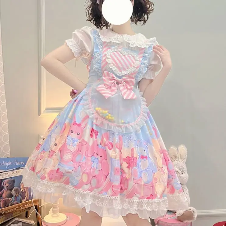 

Coolfel Sweet Pink Jsk Lolita Maid Dress Women Kawaii Lace Cartoon Rabbit Print Suspender Apron Dress Girly Cute Camisole Dress