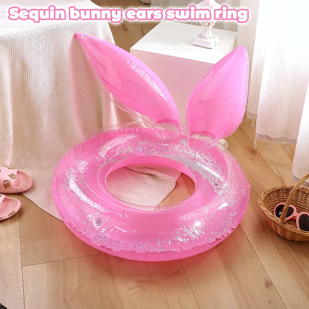 

Inflatable Swim Ring Rabbit Ears Shape with Sequins for Adult Swimming Tool Swimming Ring PVC Durable Easy to Inflate