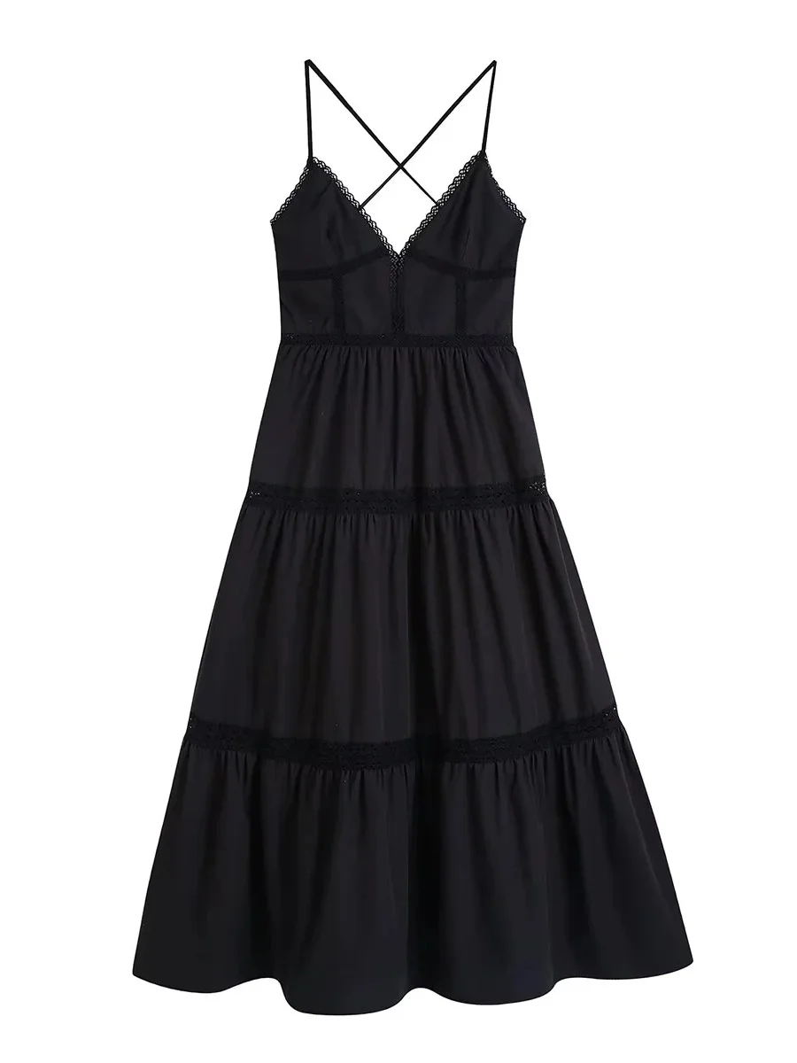 

Women Stylish Patchwork Lace Strapless Halter Midi Dress 2022 Summer Back Belt Backless Elegant Sexy Female Vestidos