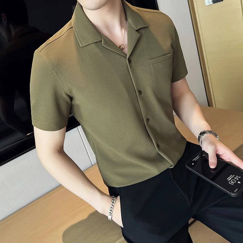 Classic Waffle Suit Neck Shirts Men Summer Short Sleeve Ice Silk Breathable Tops Slim Casual Business Social Formal Dress Shirt