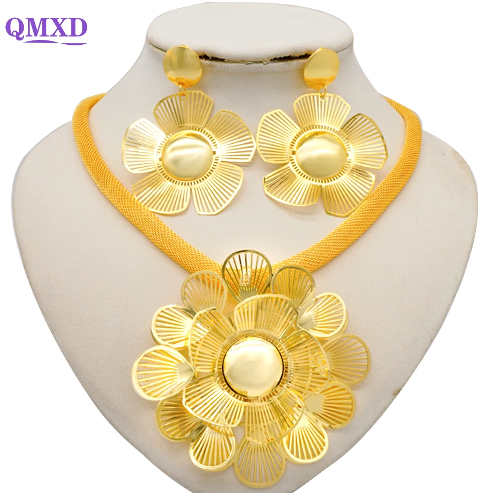 Fashion Ethiopia Nigerian Women Wedding African Big Pendant Choker Flower Jewelry Set Dubai Gold Color Bridal Gift |