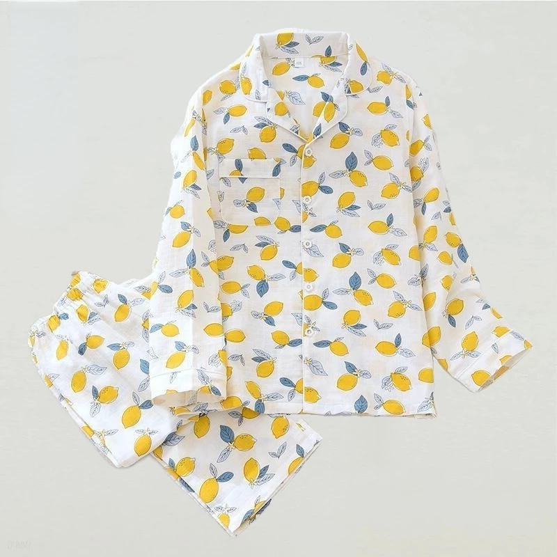 Pajamas Summer Women Cotton Cartoon Cat Printed 2Pcs Turn-down Neck Shirt+Pants Pyjamas Soft Clothes Female Underwear