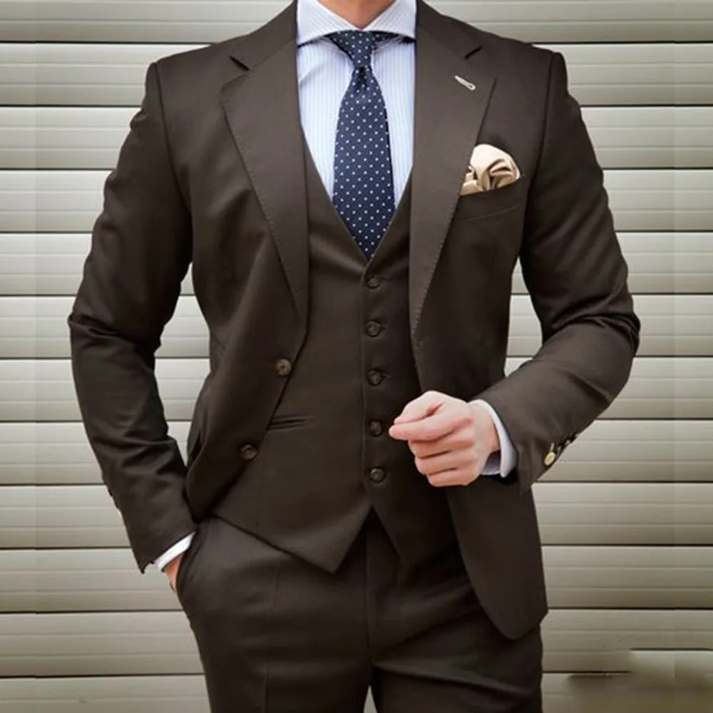 Dark Brown Men Suits Slim Fit 3 Piece Wedding Tuxedo for Groom Business Male Fashion Formal (Jacket+Pants+Vest New 2022