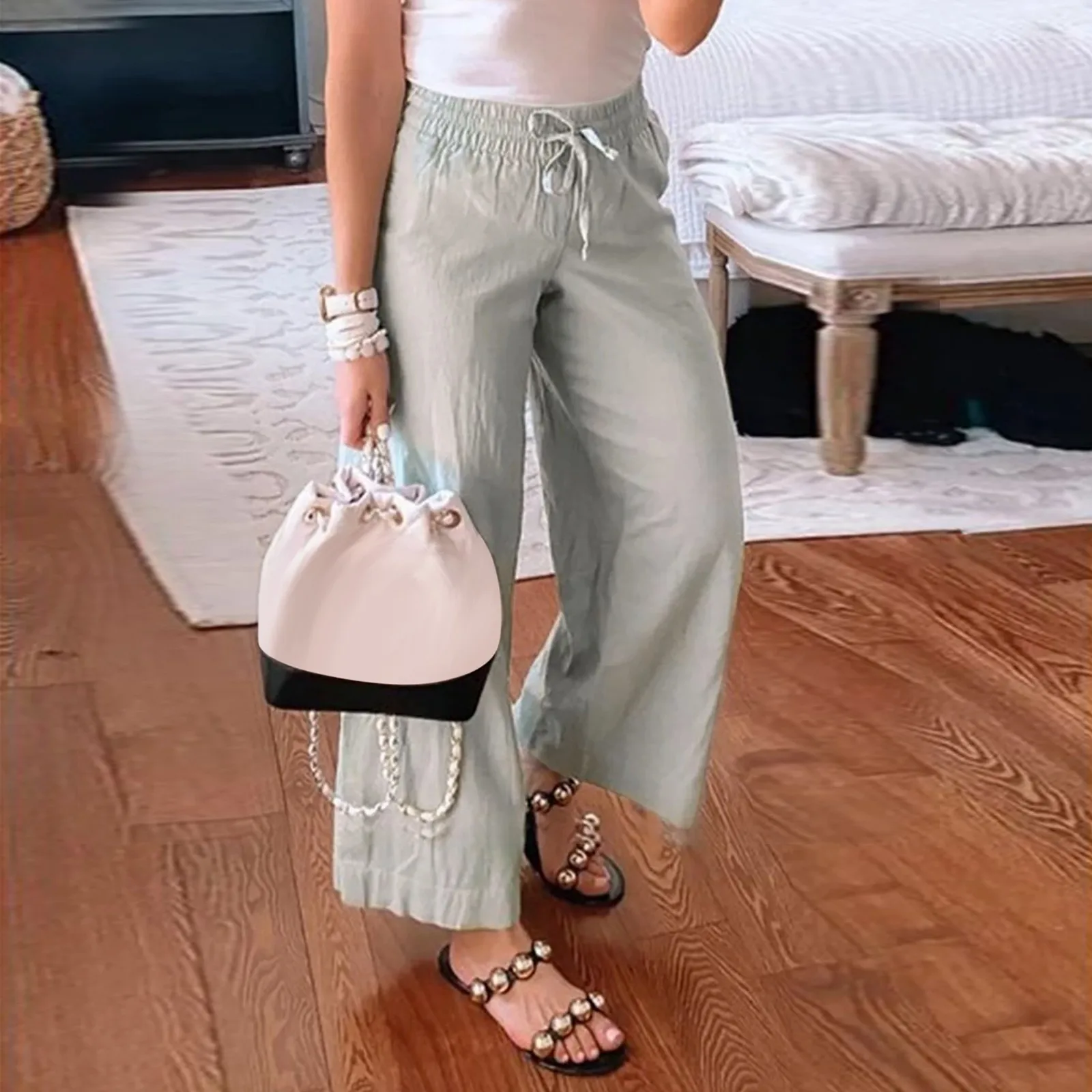 

Elastic Harem Pants Women's Drawstring Pants Casual Belted Wide Leg Pants Solid Color High Waist Loose Long Trousers Oversized