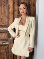 new fashion blazers women 2 piece set 2022 autumn solid short coatsfeather slim mini skirt formal business office lady outfit