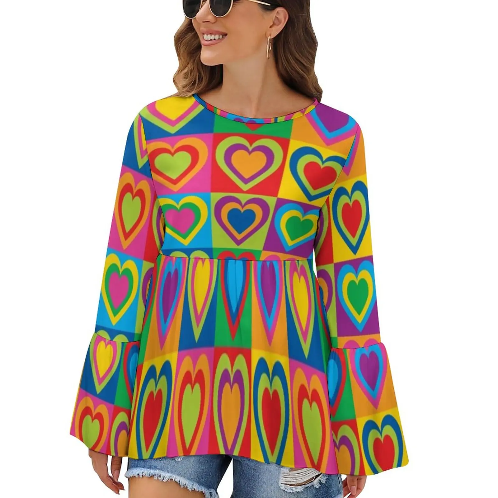 

Красочные футболки с принтом сердца, стиль поп-арт, сердца, стиль улицы, женские футболки с круглым вырезом, Графические Топы, большой размер...