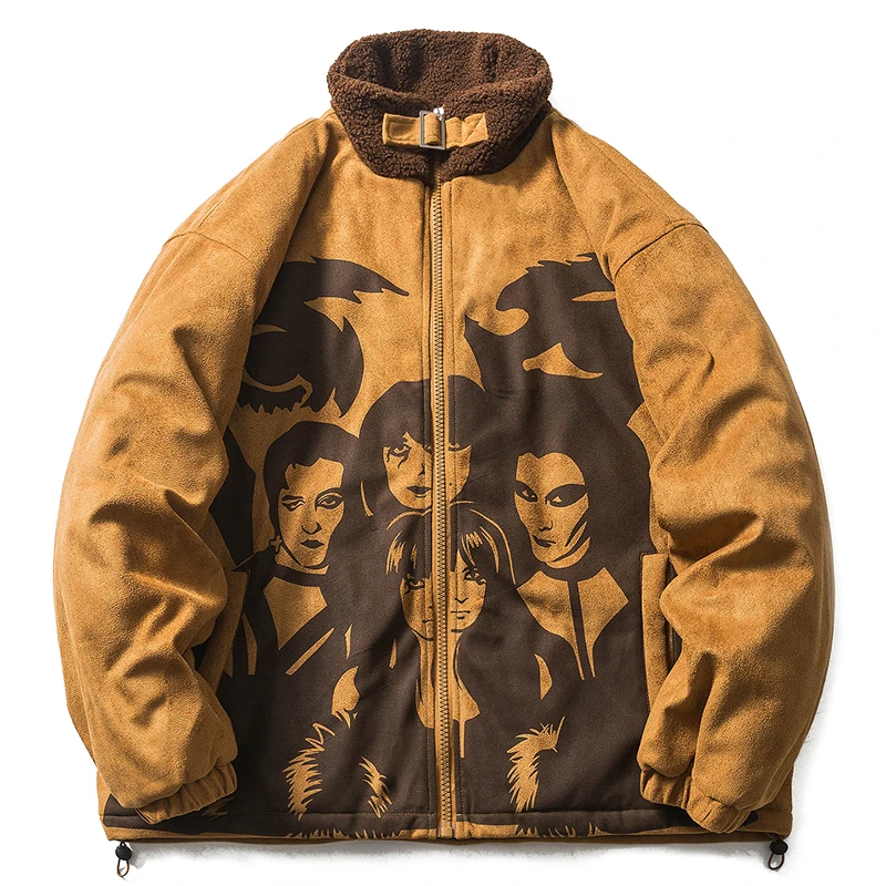 

Winter Oversize Suede Vintage Jacket Men Zip Up Cotton-Padded Coat Fashion Harajuku Streetwear Poster Print Parka Clothing Male