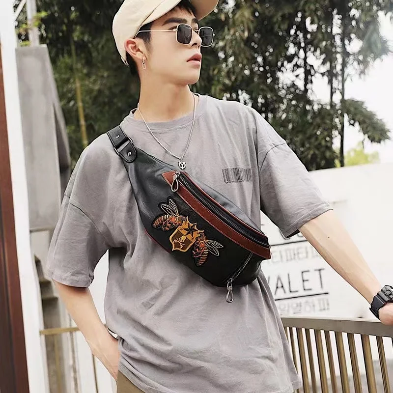 Fashion Male Small Leather Bags Black Travelling Waist Belt Purse Mobile Phone Crossbody Purses Shoulder Chest Sling Bag for Men