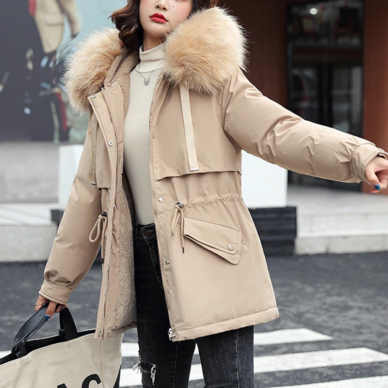 

Winter Jacket Women Parka Fashion Long Coat Wool Liner Hooded Parkas Slim With Fur Collar Warm Snow Wear Padded Clothes