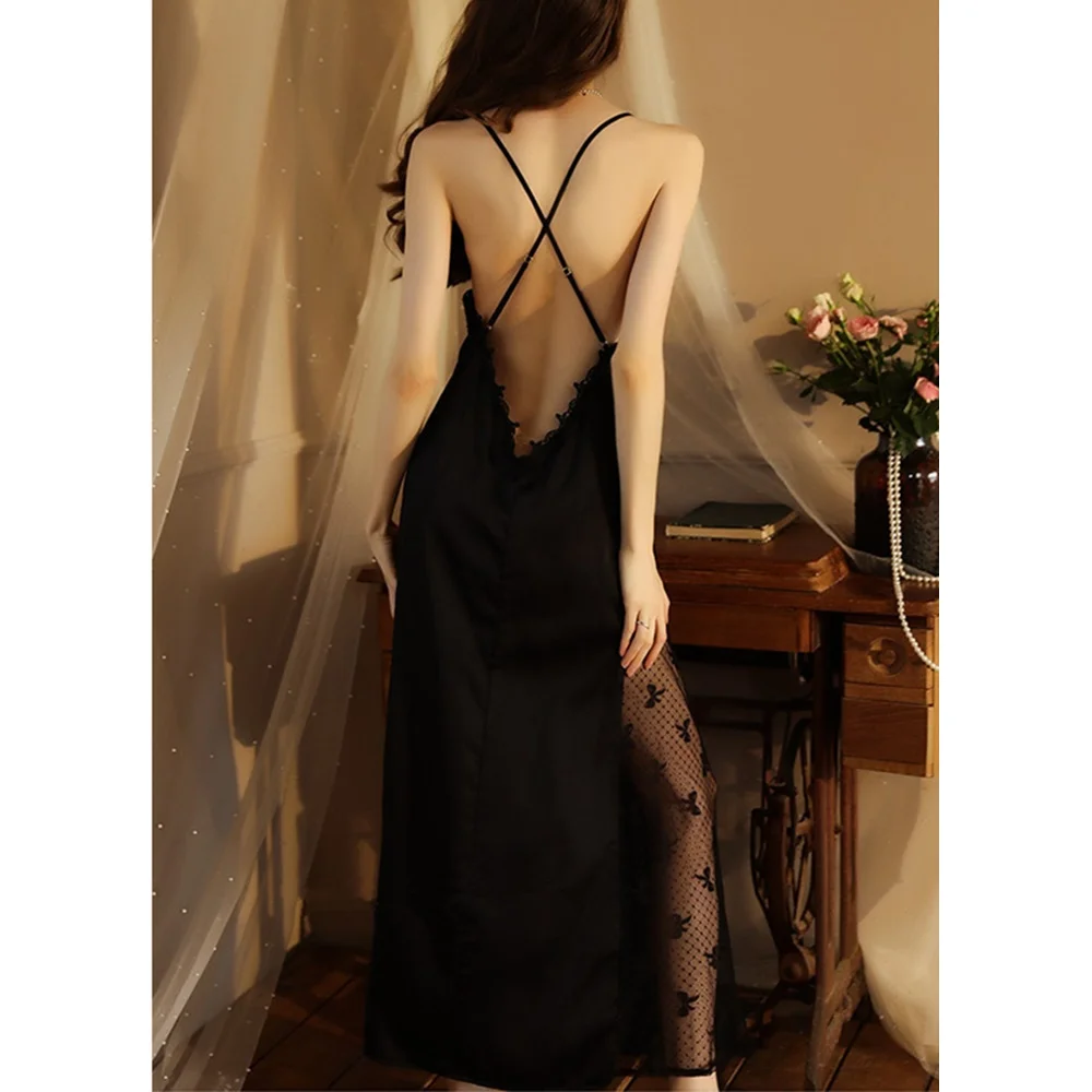 Autumn and Summer Women Sexy Blackless Spaghetti Strap Maxi Nightdress Pajamas Elegant Women V Neck Mesh Ladies Satin Sleepwear