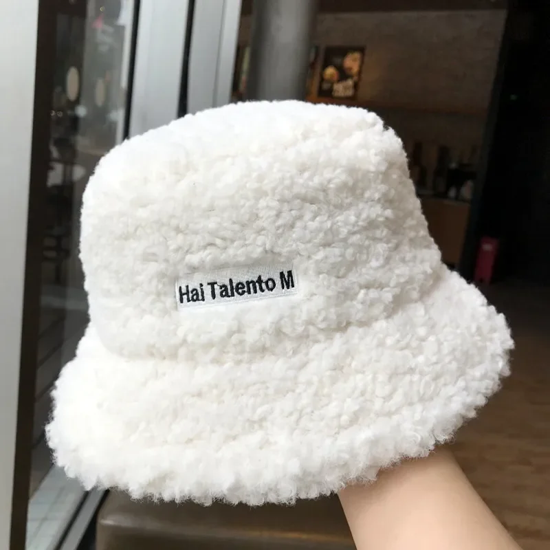 

Women Winter Hats Bucket Hats Soft Lamb Plush Soft Warm Fisherman Hat Panama Casual Caps Outdoor Lady Flat Korean Fashion