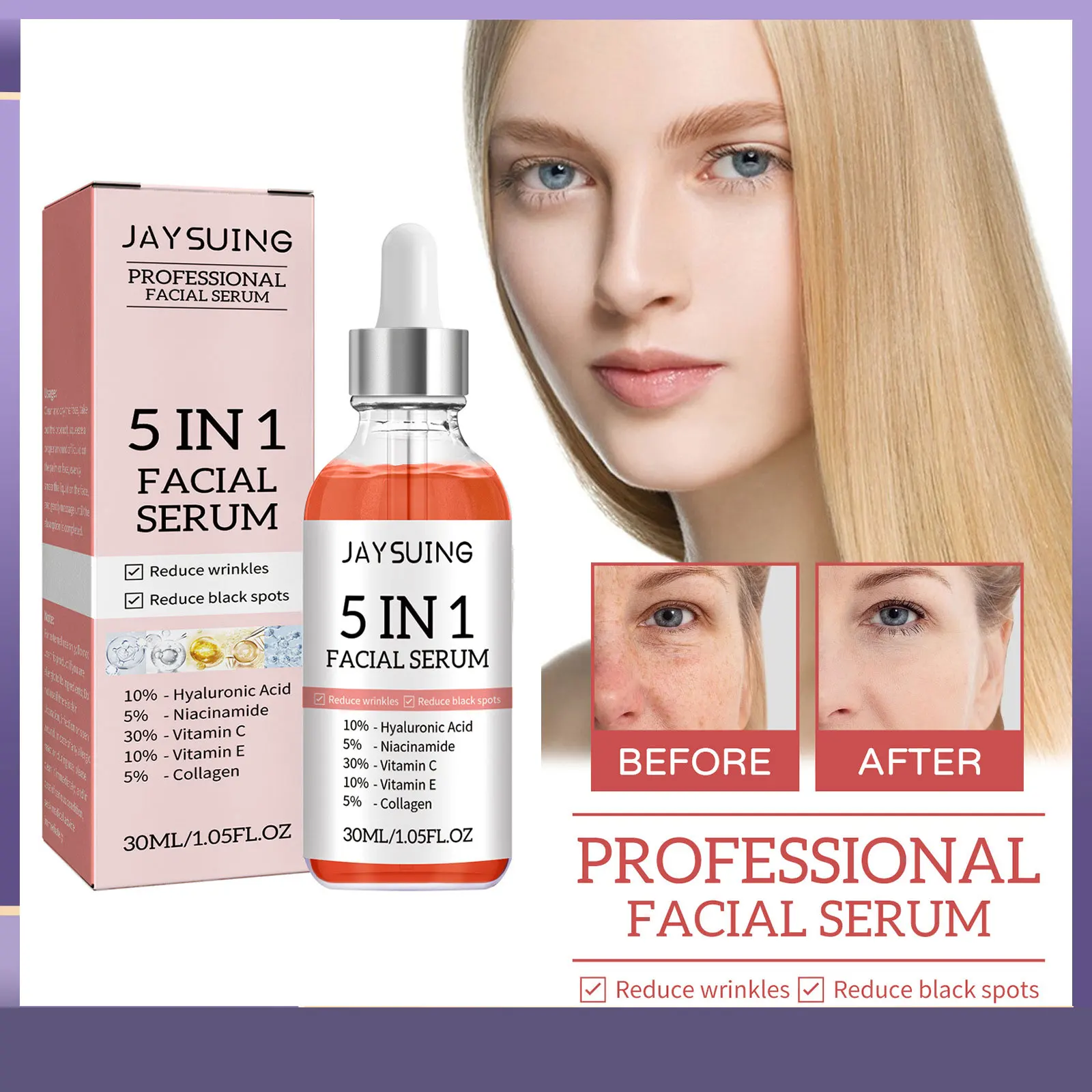 

5 In 1 Moisturizing Whitening Anti Wrinkle Aging Vitamin C Hyaluronic Acid Face Serum Shrink Pores Serum Skin Care 30ml