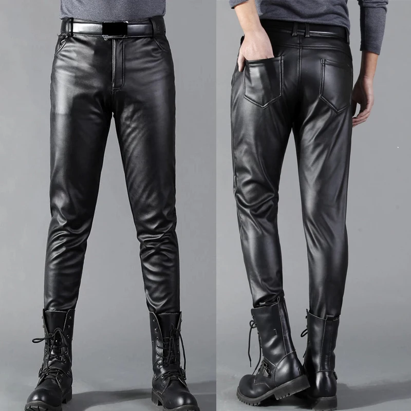 Men Leather Pants Skinny Fit Elastic Fashion PU Leather Trousers Wet Look Stretch Faux Leather Motorcycle Pants Thin Streetwear