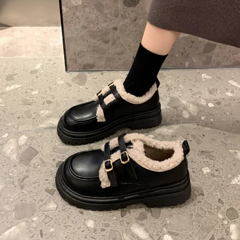 

Туфли дерби женские на платформе, универсальные лоферы, мех, повседневные кожаные кроссовки, криперы, круглый носок, в британском стиле, осень