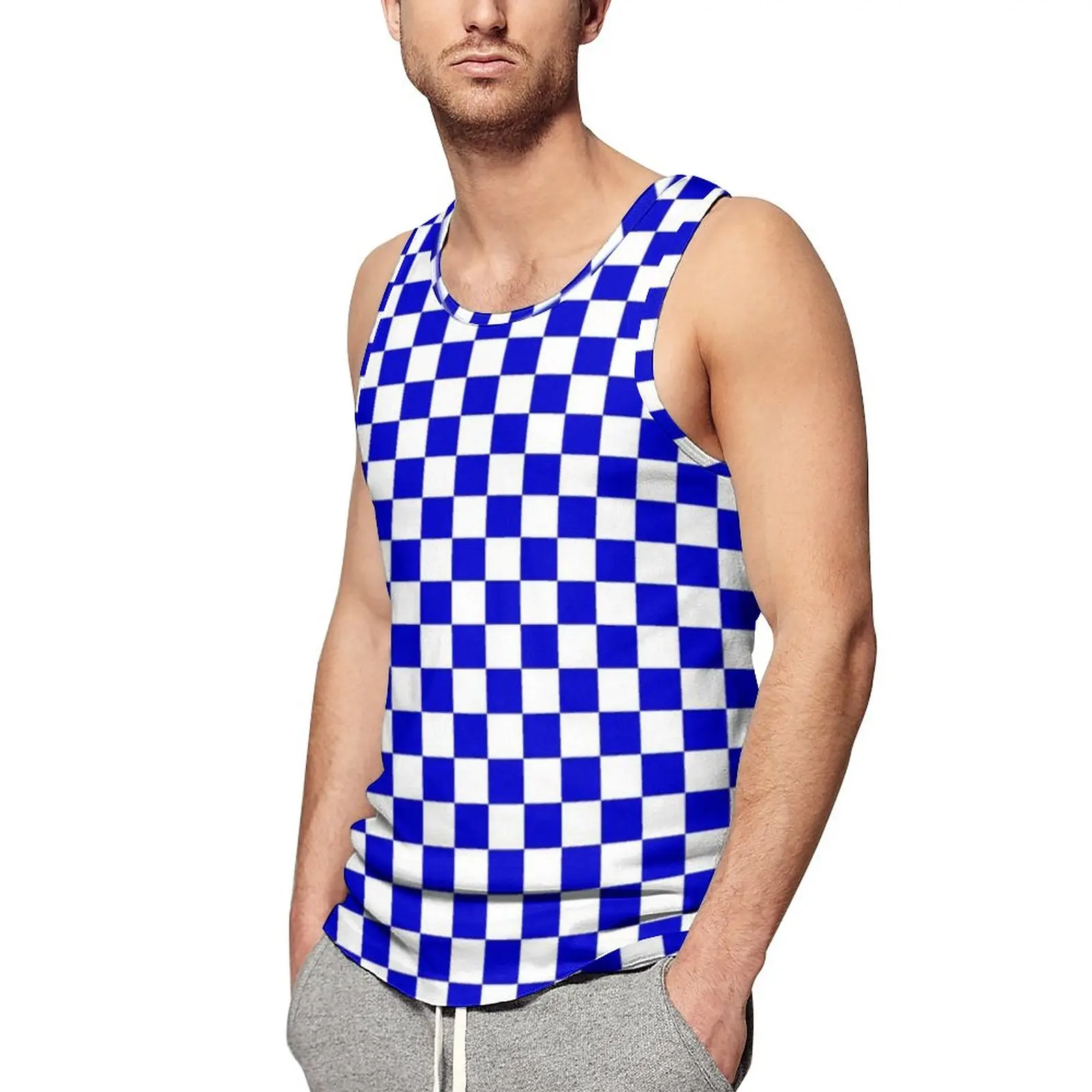 

Checkerboard Pattern Tank Top Men Blue and White Checker Gym Oversized Tops Summer Muscle Graphic Sleeveless Vests