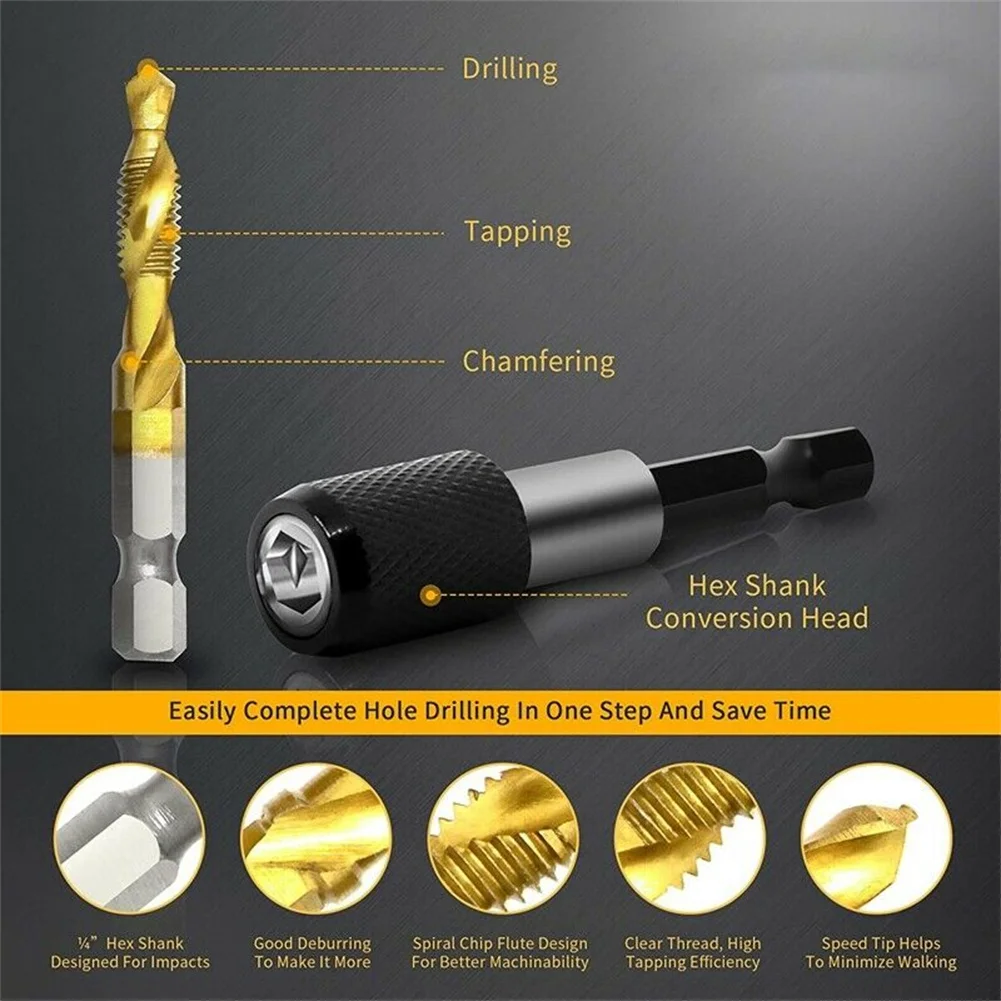 

& Tap Bit Set Combination Drill 3-In-1 7Pcs Coated Screw Gold + Black High Speed Steel (HSS4341) Tapping Bit