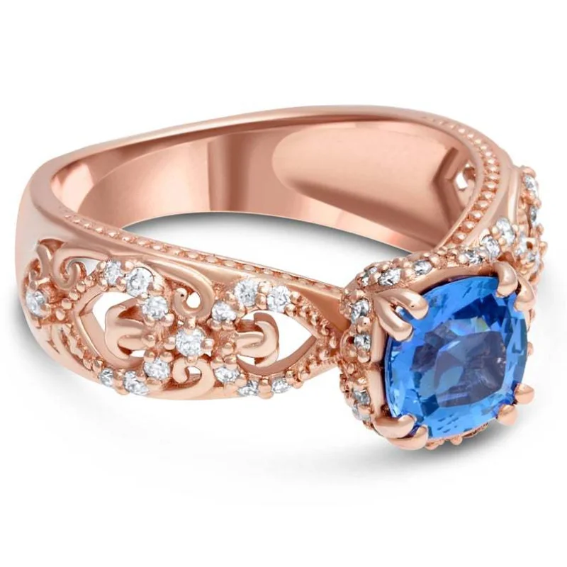 

New temperament round blue gem openwork ring female zircon Korean version of the living