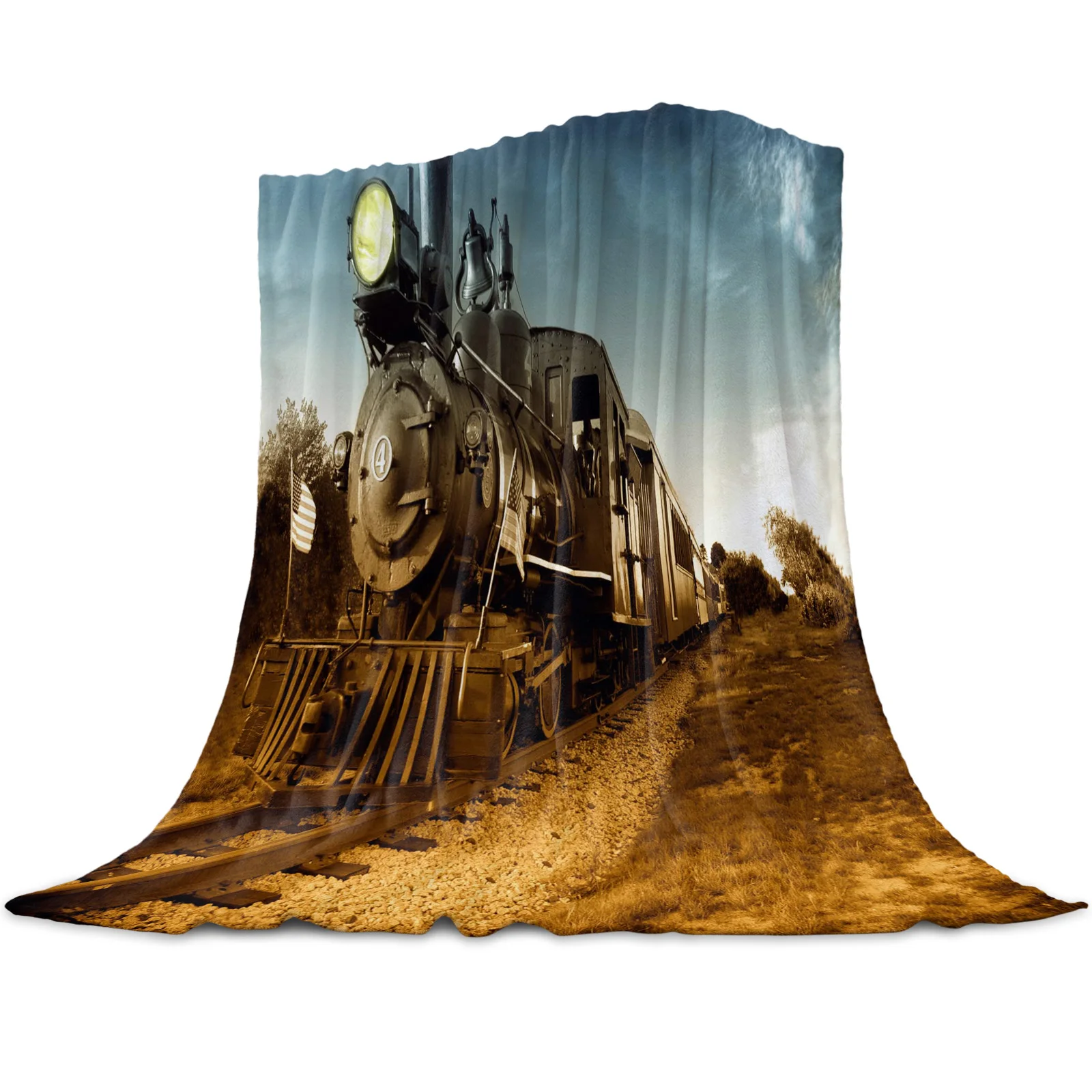 

Landscape Retro Flannel Blanket for Bed Sofa Portable Soft Fleece Throw Blankets Funny Plush Bedspreads Queen Steam Train Smoke