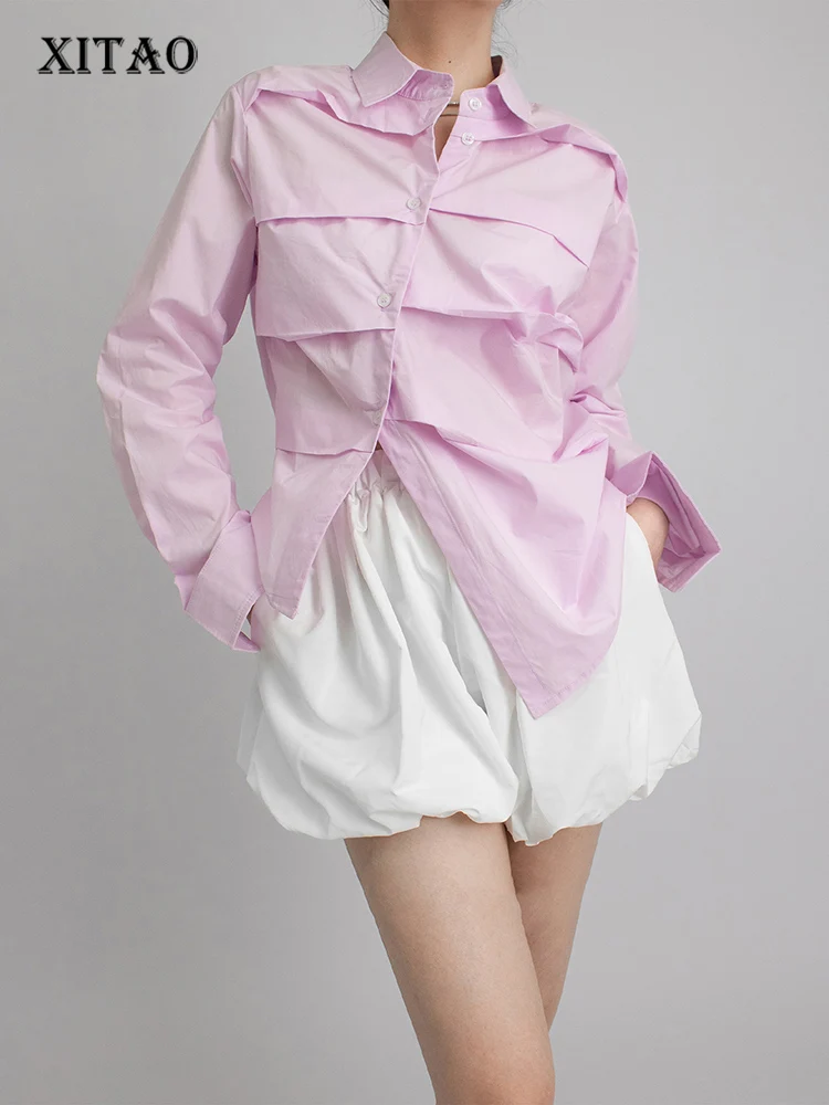 

XITAO Asymmetrical Pleated Splicing Shirt Solid Color Fashion Simplicity Temperament Trendy All-match Women Summer Top WMD6549