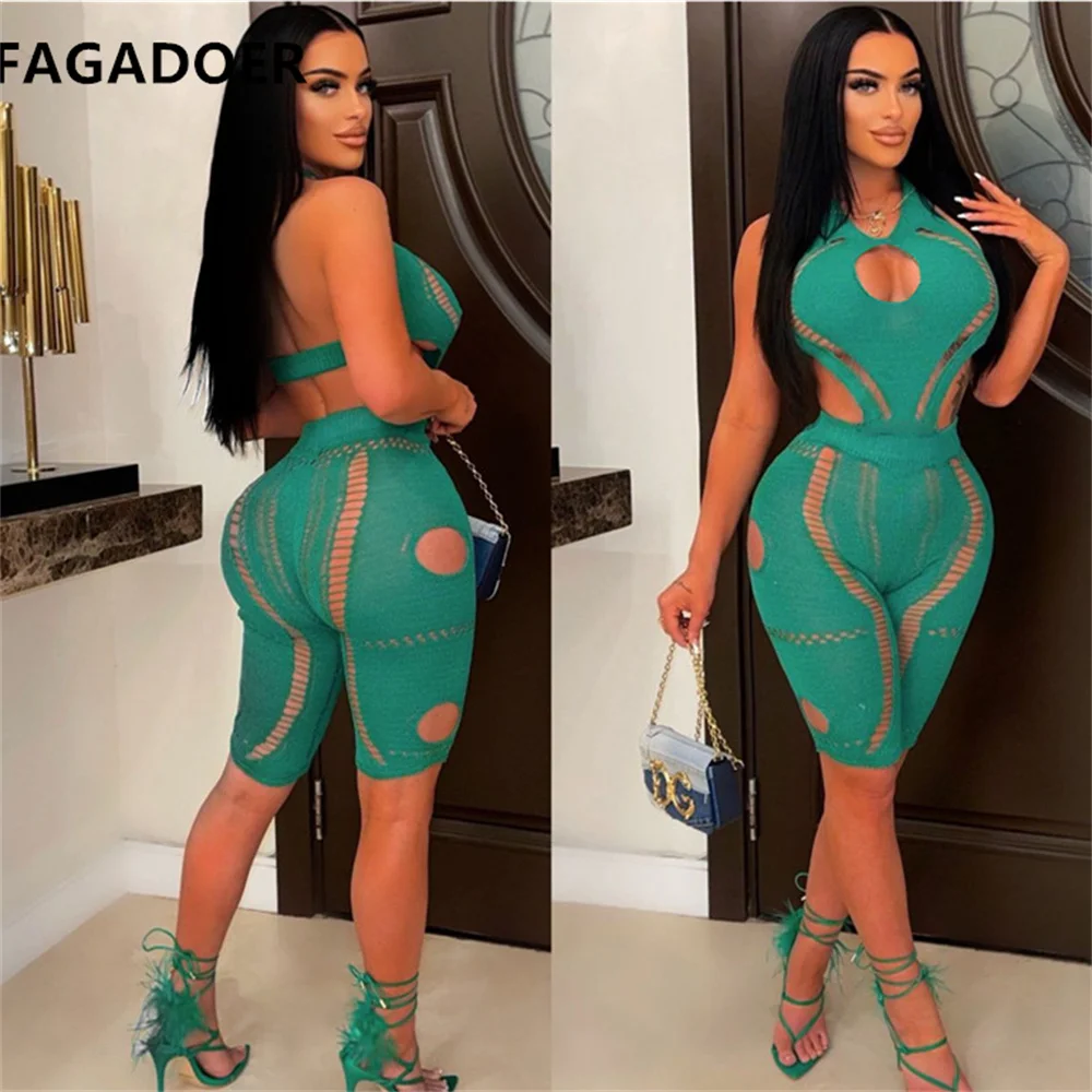 FAGADOER Sexy Patchwork Mesh Short Jumpsuit Women Cut Out Sleeveless Playsuit Summer Bodycon Rompers Clubwear Bodysuits 2022 New
