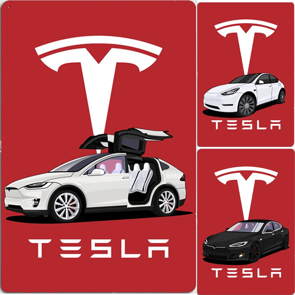 

Белая модель Tesla X, металлический плакат, роспись, украшение гаража, клуб вечерние, винтажный жестяной плакат, украшение кофе