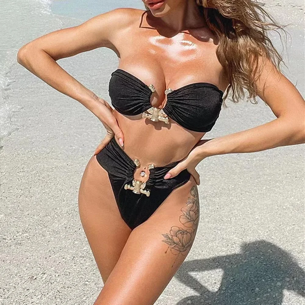 

Sexy Solid Black Bikini 2022 Women Off Shoulder High Cut Push Up Padded Rhinestone Swimwear Brazilian Bathing Suit Swimsuit