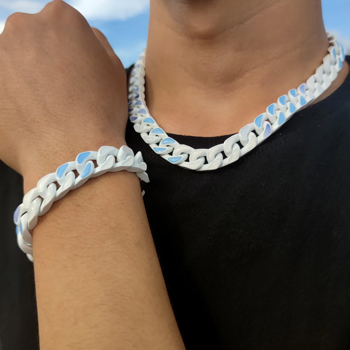 

Punk Hip Hop Titanium White 50cm Cuba Necklace Men 21cm Cuba Chain Bracelet For Men Men Women Jewelry Gift Luxury High Quality