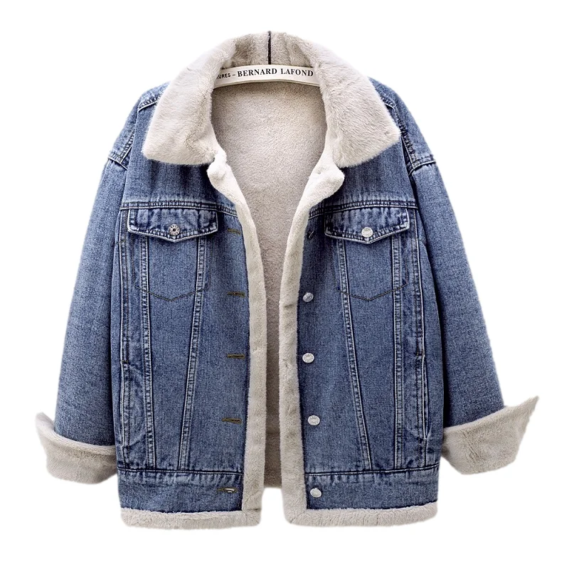 

Winter Thick Warm Lambs Wool Liner Denim Jacket Women Blue Cowboy Outerwear Loose Mid Length Long Sleeve Jeans Jackets Female
