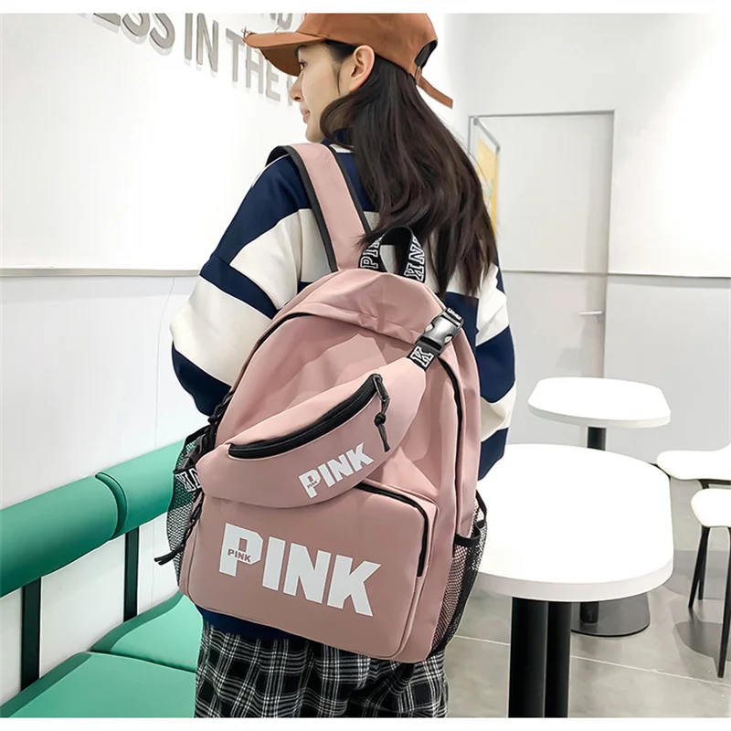 PINK Fashion Nylon Backpack bag and Waist Bag Set Mochila Casual Rucksack Travel Daypack Teenager boy Girls School Backapck