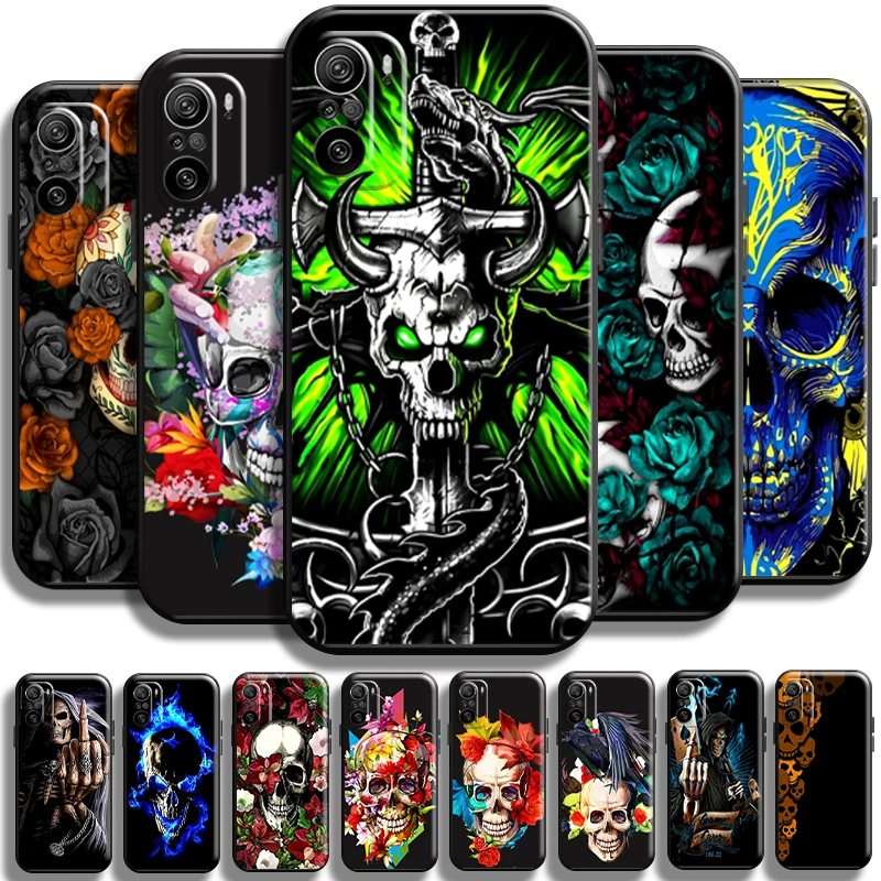 

Death Skull Flower For Xiaomi Redmi K40 K40 Pro K40 Gaming Phone Case Liquid Silicon Shell TPU Back Coque Soft Shockproof Cover
