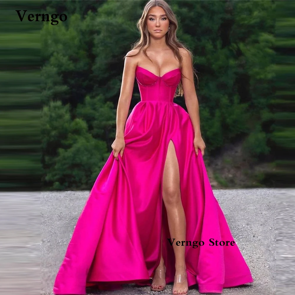 

Verngo Modern Hot Pink Satin A Line Evening Dresses Sweetheart Side Slit Dubai Arabic Women Formal Prom Occasion Dress Gown