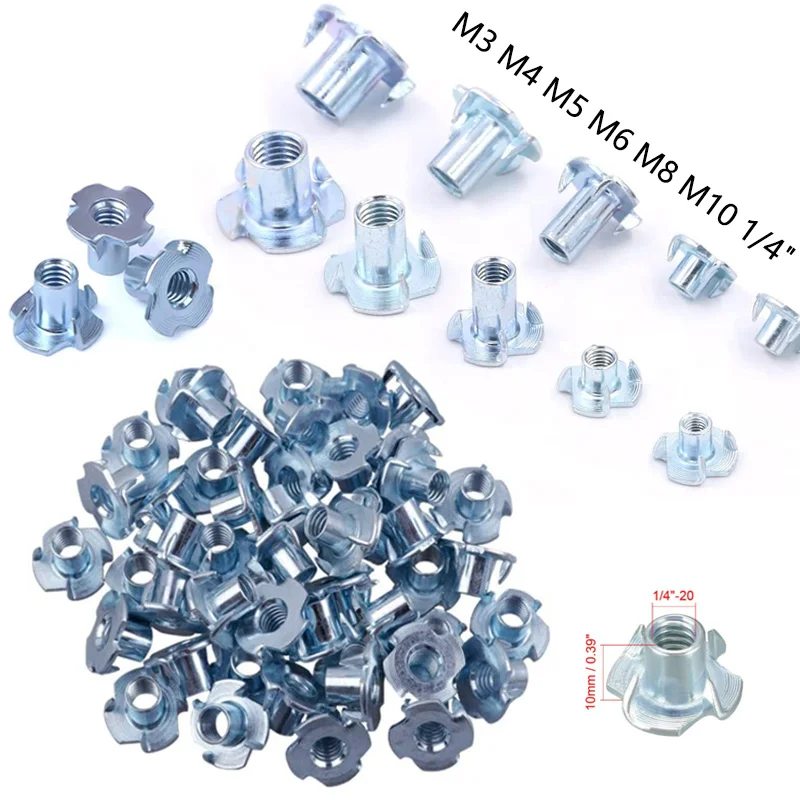 

5/10/25/50PCS M3 M4 M5 M6 M8 M10 M12 Zinc Plated Four Claws Nut Speaker T-nut Blind Pronged Insert Tee Nut Furniture Hardware