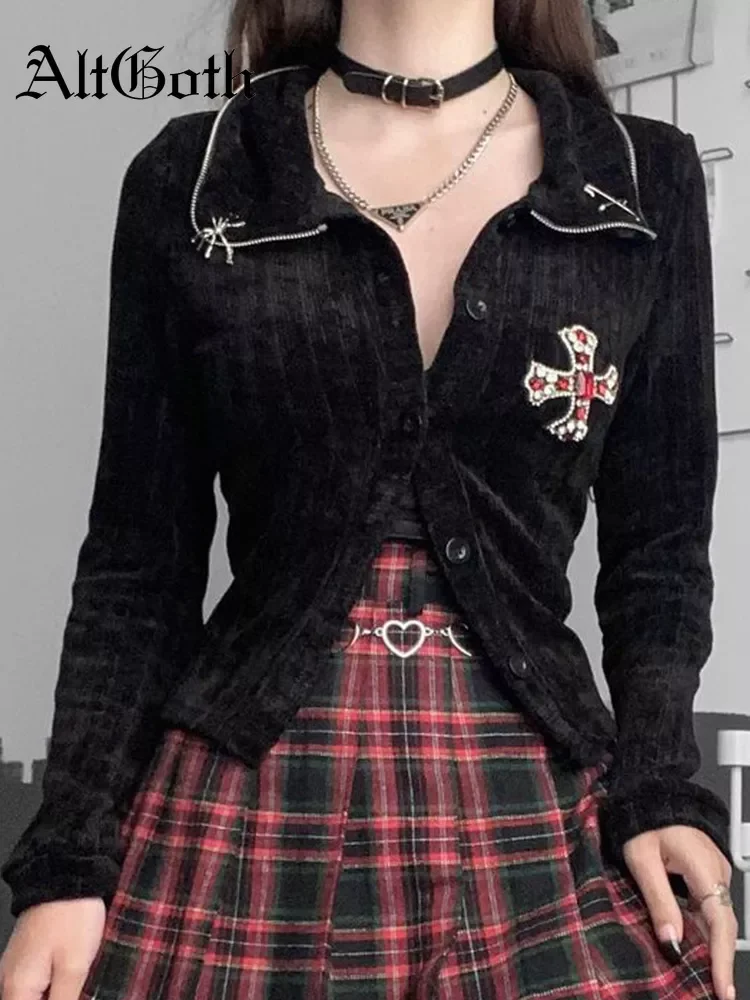 

AltGoth Vintage Y2k Gothic Cardigan Women Streetwear Emo Alternative Dark Academia Mall Goth Cross Rhinestone Knitted Sweater