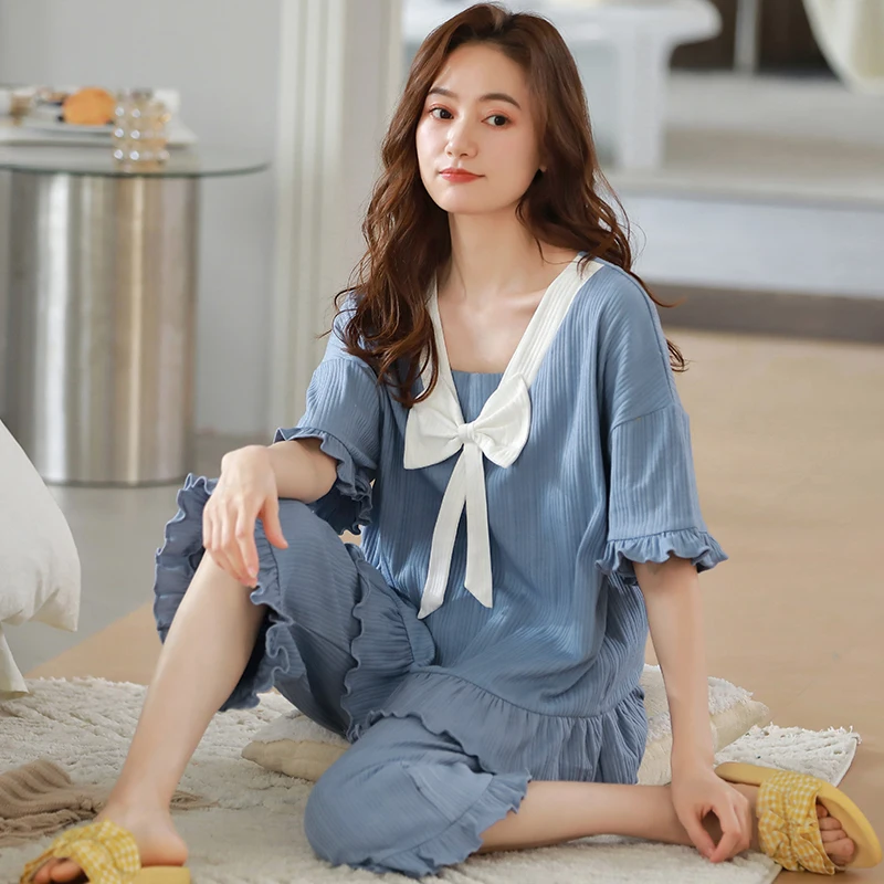 Summer Cotton Pajama Set Korea Women Pajamas New Cropped Pants Outer Wear Short Sleeve Sleepwear lacework Free Shipping Nightie