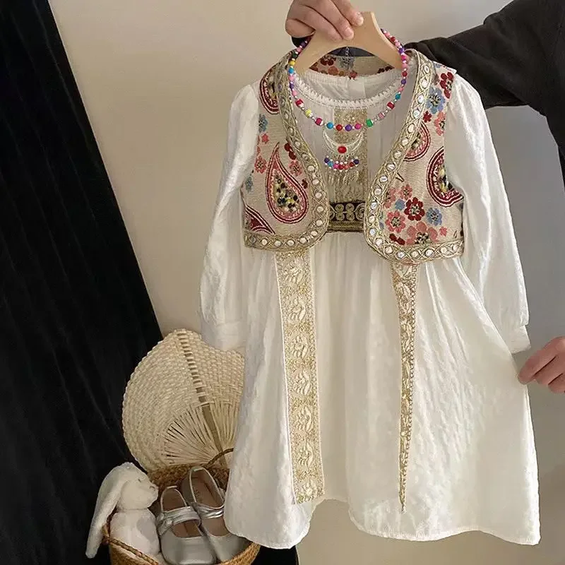 Фото Новый комплект для девочек: платье в этническом стиле и жилет с принтом, 2 предмета, весна-лето, сценический костюм №1
