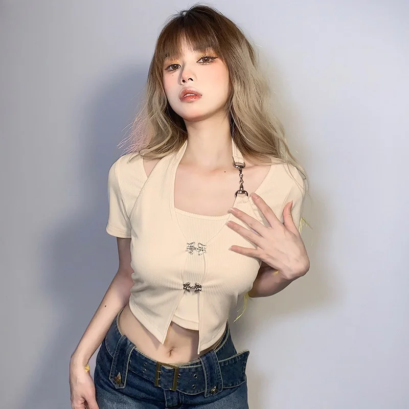 

Spicy and sweet neck fake two-piece short-sleeved T-shirt women's high-waisted exposed navel jacket